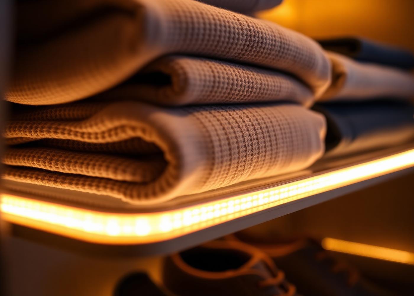 Warm LED strip lighting under a fitted wardrobe shelf illuminating folded knitwear