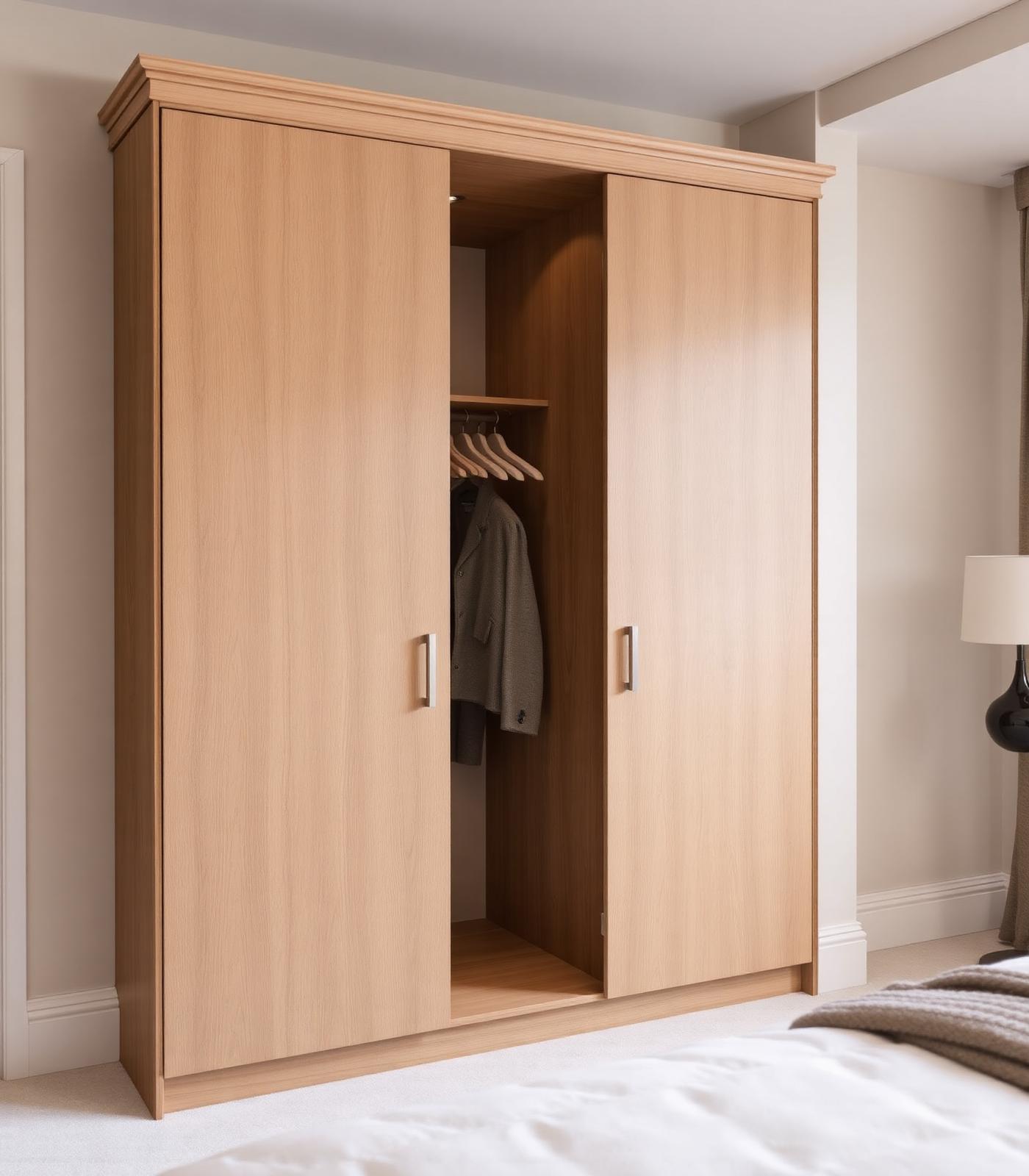 Warm oak fitted wardrobe with handleless doors