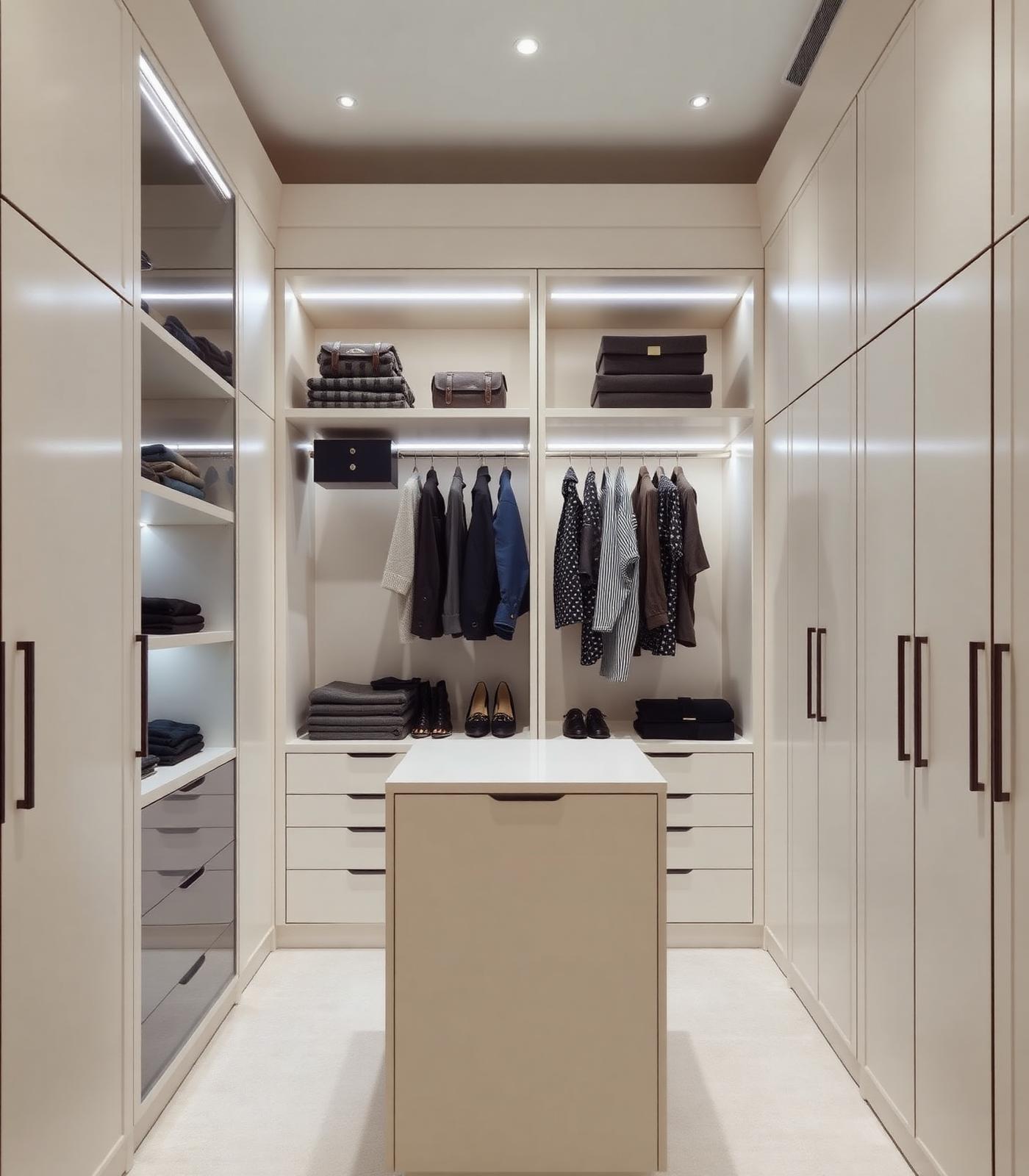 Walk-in dressing room with soft white cabinets and central drawer island